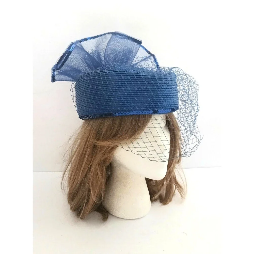 NEW Royal Blue Straw Pillbox Hat Tulle Sequins Netting Church Party Wedding